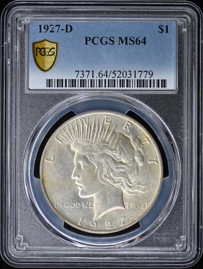 PCGS MS64 Peace Dollar 1927 Denver Mint Uncirculated: PCGS MS64 Peace Dollar 1927 Denver Mint Uncirculated This 1927-D Peace Dollar is certified by PCGS with a grade of MS64, indicating an uncirculated condition. Struck at the Denver Mint, this pre-owned