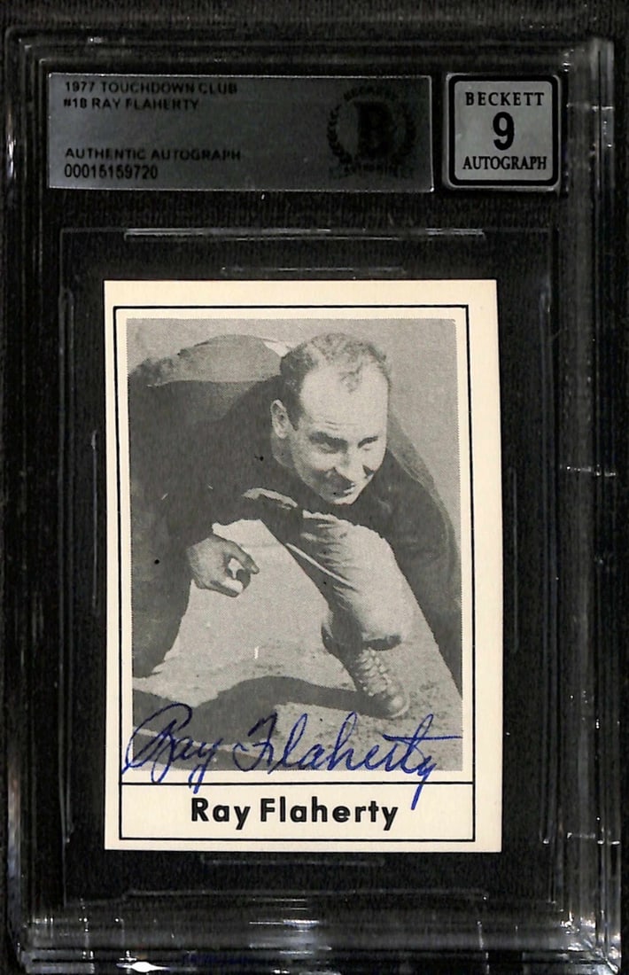 Ray Flaherty Signed 1977 Touchdown Club #18 Card Graded 9 Beckett: Ray Flaherty Signed 1977 Touchdown Club #18 Card Graded 9 Beckett This is an autographed 1977 Touchdown Club #18 sports trading card featuring the signature of Ray Flaherty, a member of the Pro Footba
