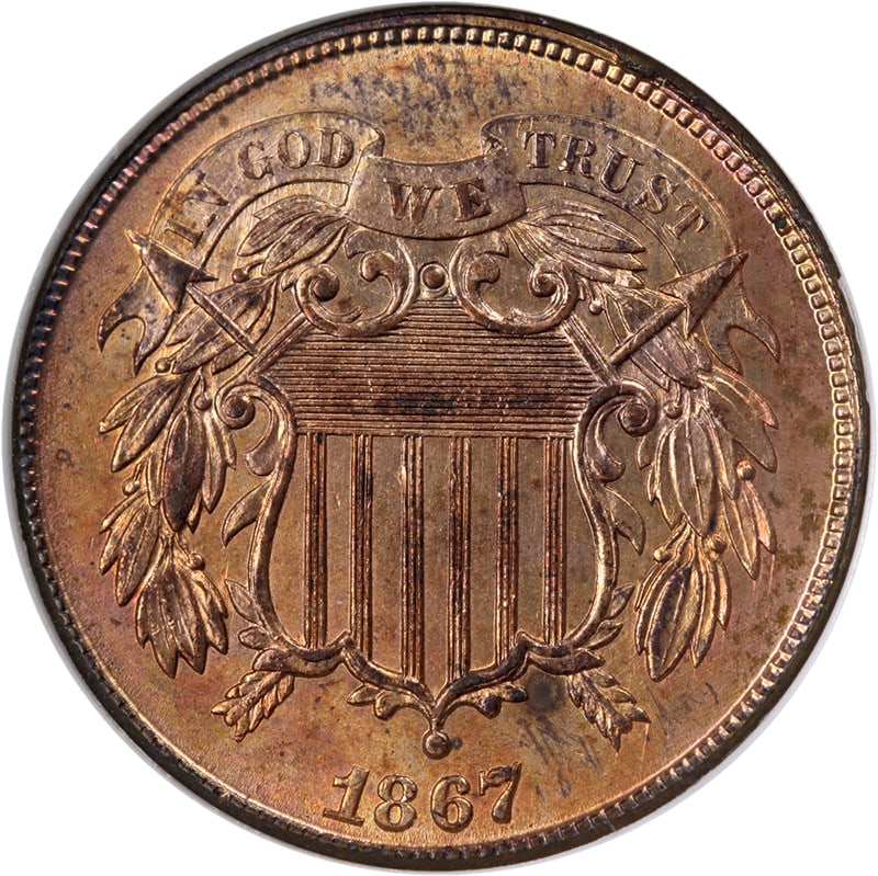 1867 Copper Two Cent Piece Uncirculated BU United States Coin: 1867 Copper Two Cent Piece Uncirculated BU United States Coin This 1867 Two Cent Piece is an uncirculated copper coin from the United States, featuring brilliant luster, strong strike, and appealing c