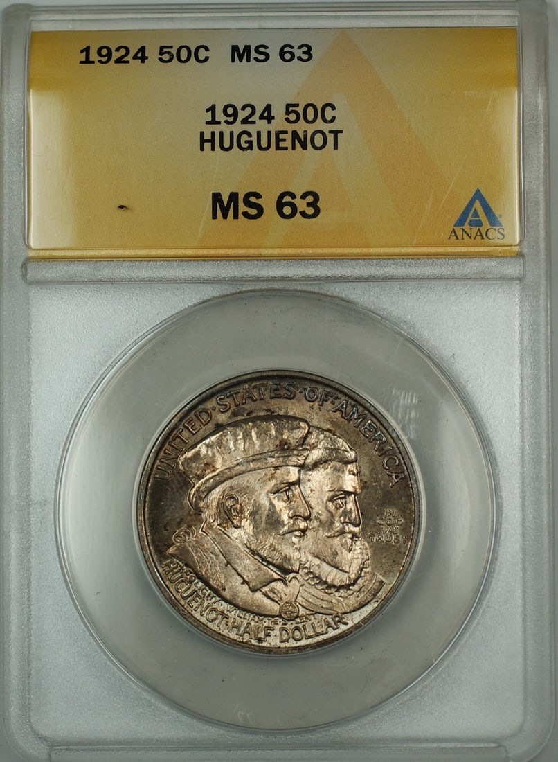 ANACS MS 63 1924 Huguenot Silver Half Dollar Commemorative Toned: ANACS MS 63 1924 Huguenot Silver Half Dollar Commemorative Toned This 1924 Huguenot Commemorative Half Dollar is composed of silver and was minted in Philadelphia, United States. Certified by ANACS wi
