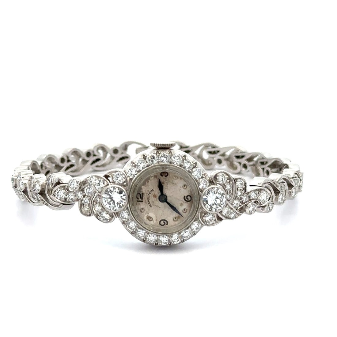 Platinum Hamilton Bracelet Watch with 4.15ctw Round Diamonds Vintage 1940s: Platinum Hamilton Bracelet Watch with 4.15ctw Round Diamonds Vintage 1940s This vintage mid-century Hamilton wristwatch features a platinum case and bracelet adorned with approximately 4.15 carats of