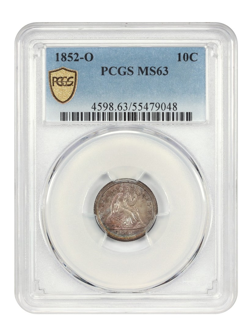 1852 New Orleans Liberty Seated Dime PCGS MS63 Rainbow Toned 10C: 1852 New Orleans Liberty Seated Dime PCGS MS63 Rainbow Toned 10C This is an 1852-O Liberty Seated Dime graded MS63 by PCGS. It is an uncirculated coin struck at the New Orleans Mint. The obverse featu