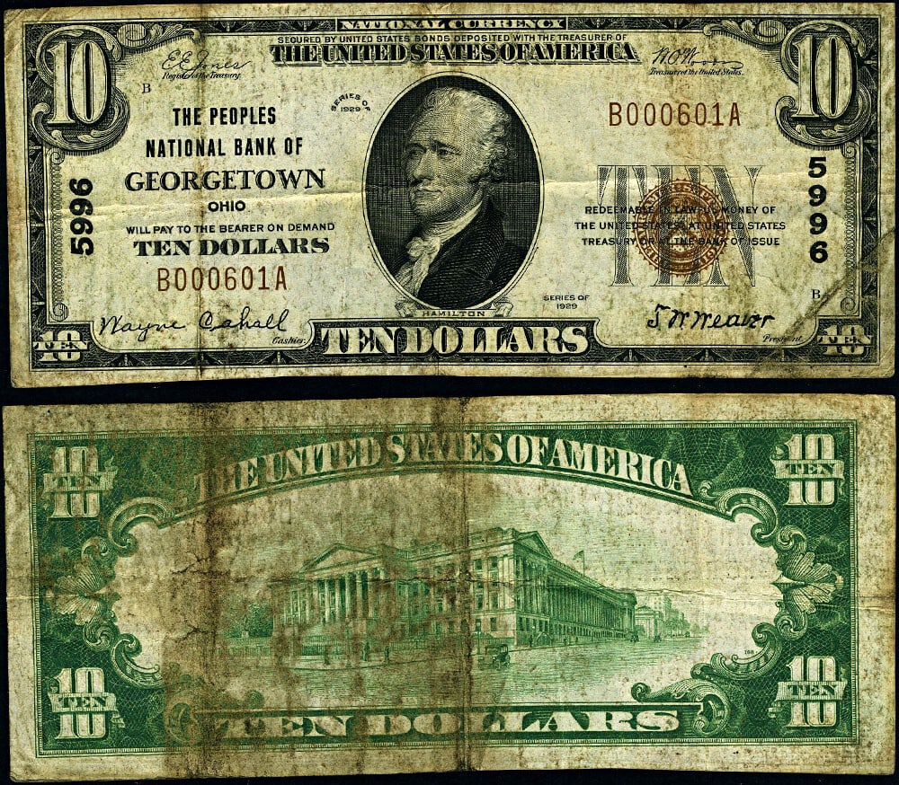 1929 T-1 $10 National Bank Note Georgetown Ohio Ch #5996: 1929 T-1 $10 National Bank Note Georgetown Ohio Ch #5996 This 1929 T-1 National Bank Note from Georgetown, Ohio, features a denomination of $10 and is graded as Very Fine (VF). It is a circulated note