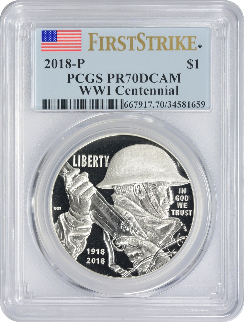 2018-P WWI Centennial Commemorative Dollar PR70DCAM PCGS First Strike: 2018-P WWI Centennial Commemorative Dollar PR70DCAM PCGS First Strike Celebrate the centennial of World War I with this stunning 2018-P Commemorative Dollar. Graded PR70DCAM by PCGS, this uncirculated