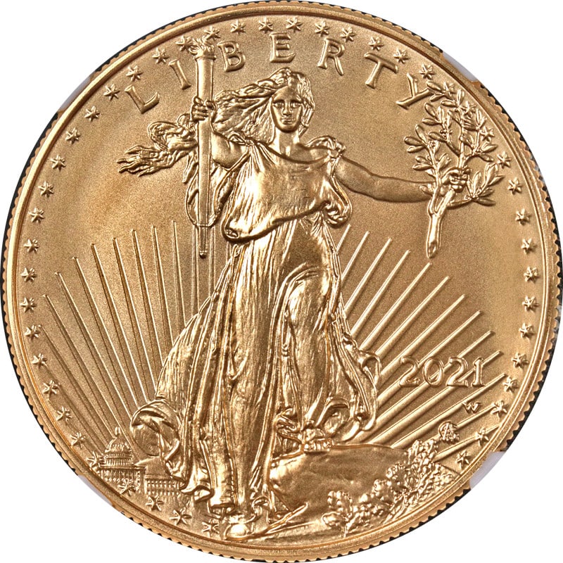 2021-W $50 Gold Eagle Type 2 NGC MS70 Burnished Brown Label Coin: 2021-W $50 Gold Eagle Type 2 NGC MS70 Burnished Brown Label Coin This is a 2021-W Gold American Eagle Type 2 $50 coin, graded MS70 Burnished by NGC with the Brown Label. The coin is uncirculated and f