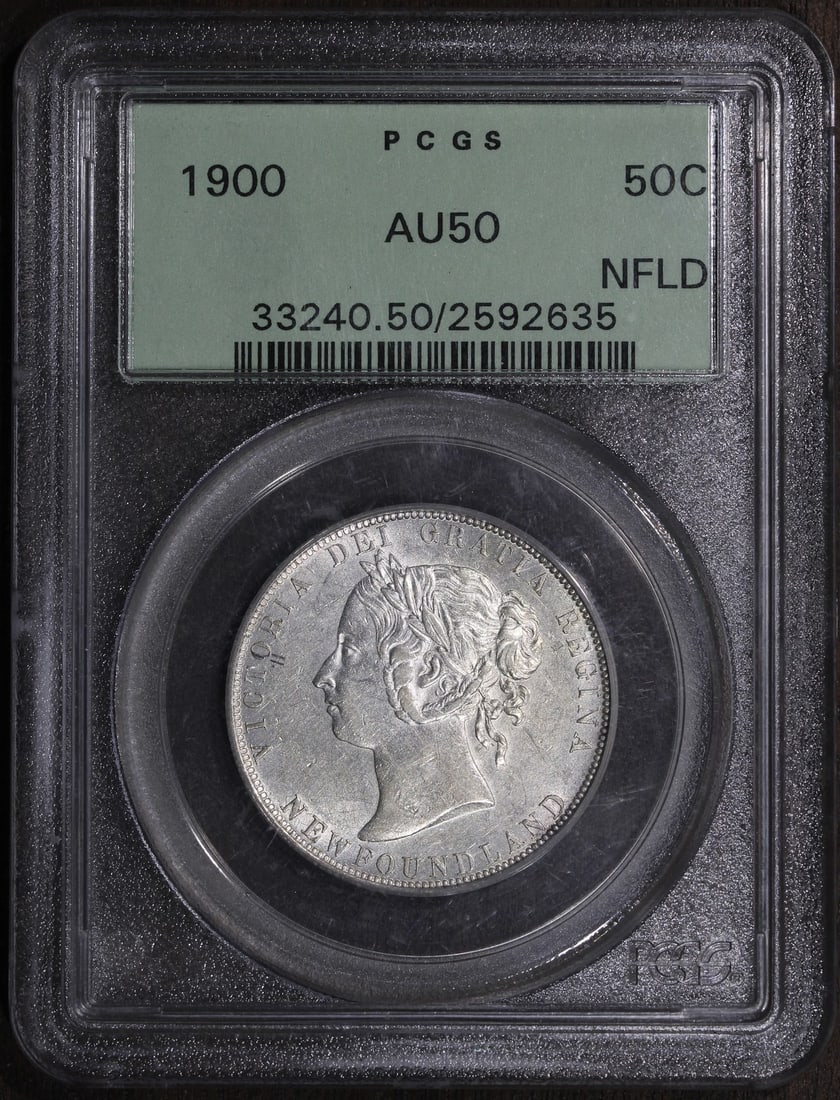 PCGS AU50 1900 Newfoundland Silver 50 Cent Coin Old Green Holder: PCGS AU50 1900 Newfoundland Silver 50 Cent Coin Old Green Holder This is a 1900 Newfoundland Canada Half Dollar featuring a denomination of 50 cents. The coin is composed of 0.925 fine silver and has