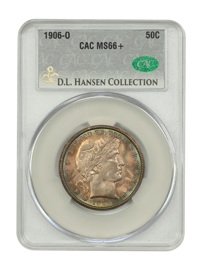 1906-O Barber Half Dollar 50C CACG MS66+ Uncirculated Gem: 1906-O Barber Half Dollar 50C CACG MS66+ Uncirculated Gem This 1906-O Barber Half Dollar is a remarkable uncirculated coin, certified by CACG with a grade of MS66+. Known for its scarcity, especially