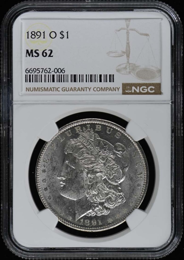 1891-O Morgan Dollar NGC MS62 Uncirculated Coin: 1891-O Morgan Dollar NGC MS62 Uncirculated Coin This stunning 1891-O Morgan Dollar is certified by NGC with a grade of MS62, indicating its uncirculated condition. Struck in New Orleans, this coin sho