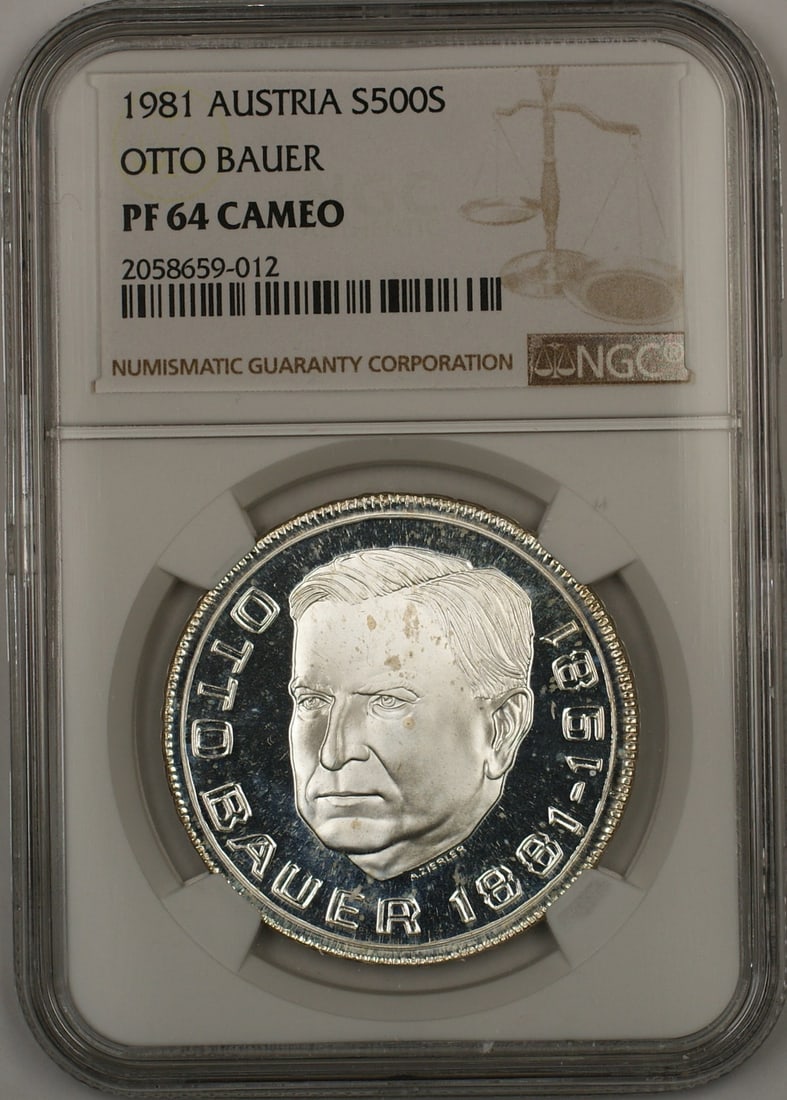 NGC PF 64 Cameo 1981 Austria Otto Bauer 500 Schillings Silver Proof Coin: NGC PF 64 Cameo 1981 Austria Otto Bauer 500 Schillings Silver Proof Coin This is a 1981 Austria 500 Schillings Otto Bauer silver proof coin, certified by NGC with a PF-64 Cameo grade. The coin feature