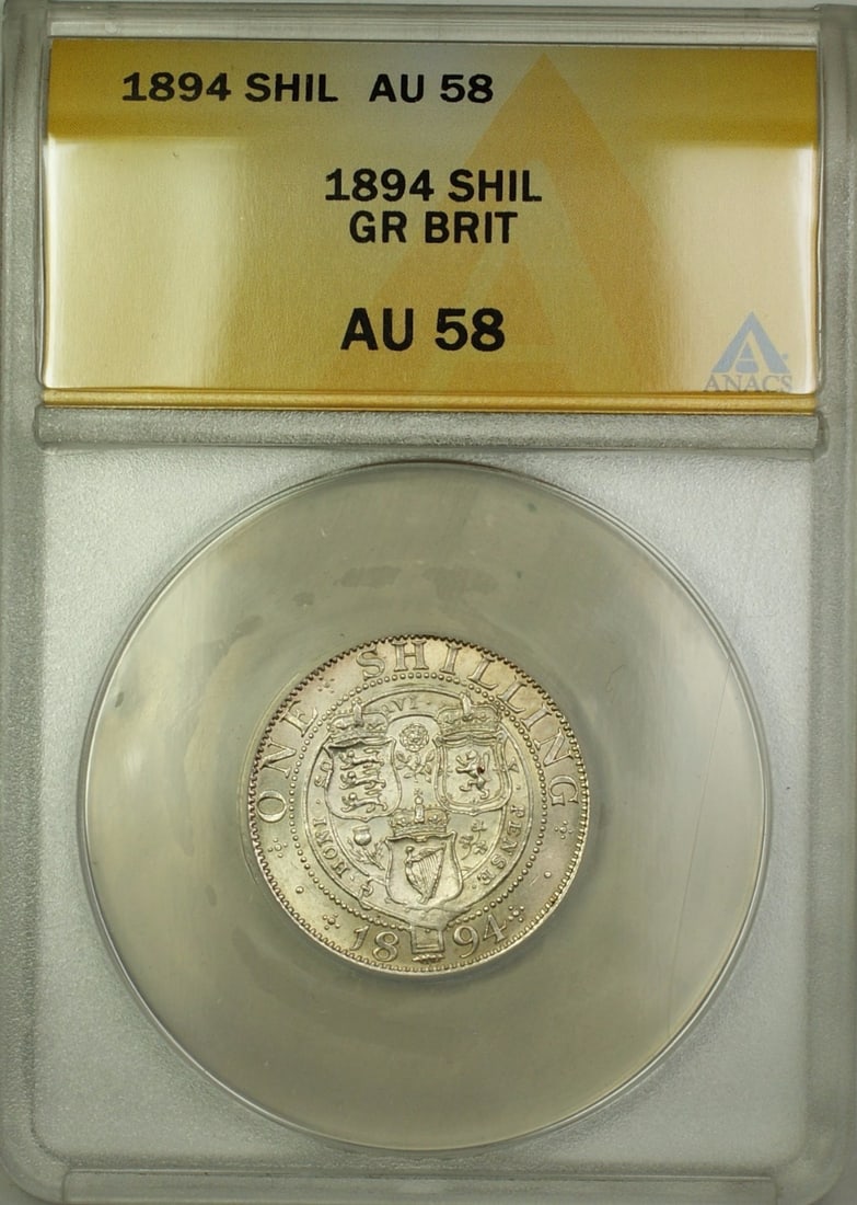 1894 United Kingdom Silver 1 Shilling Coin ANACS AU 58 Certified: 1894 United Kingdom Silver 1 Shilling Coin ANACS AU 58 Certified This 1894 Great Britain 1 Shilling coin is composed of silver and has been certified by ANACS with a grade of AU-58. It originates from