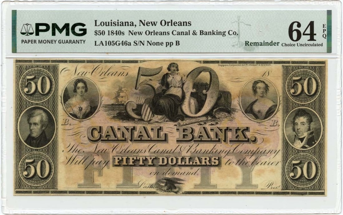Canal Bank $50 New Orleans Obsolete Currency PMG Graded CU64 EPQ: Canal Bank $50 New Orleans Obsolete Currency PMG Graded CU64 EPQ This is an 1840s $50 obsolete note issued by the Canal Bank of New Orleans, Louisiana. Certified by PMG with a grade of CU64 EPQ, this
