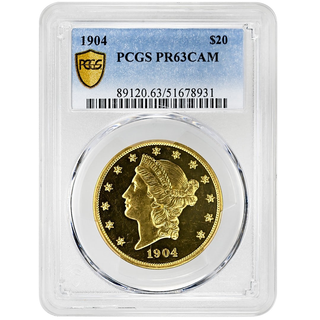 1904 $20 Liberty Head Gold Coin PCGS PR63CAM Rare Proof Cameo: 1904 $20 Liberty Head Gold Coin PCGS PR63CAM Rare Proof Cameo Discover the exquisite 1904 $20 Liberty Head coin, a stunning piece of numismatic history. This rare coin features a Proof Cameo strike wi
