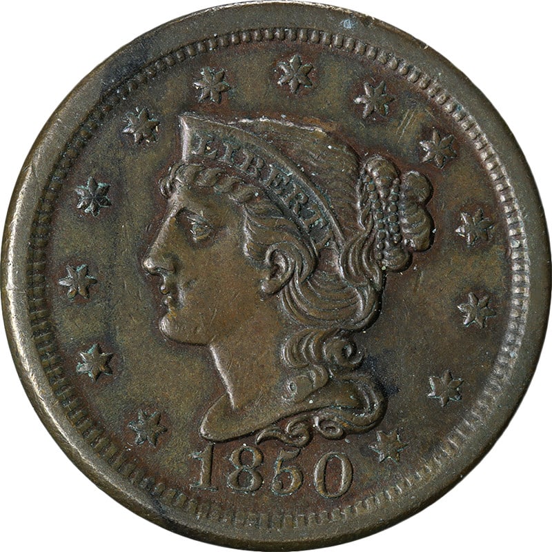 1850 Large Cent AU+ Copper Coin Strong Eye Appeal: 1850 Large Cent AU+ Copper Coin Strong Eye Appeal This 1850 Large Cent is in Choice AU+ condition, featuring strong strike and appealing eye appeal. The coin showcases great color and surfaces, making