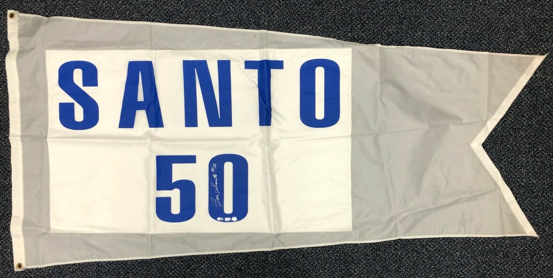 Rare Ron Santo Signed Game-Used Flag 35x70 Wrigley Field Steiner COA: Rare Ron Santo Signed Game-Used Flag 35x70 Wrigley Field Steiner COA Celebrate the legacy of Ron Santo with this rare, game-used flag that flew at Wrigley Field, commemorating his 50 years with the Ch