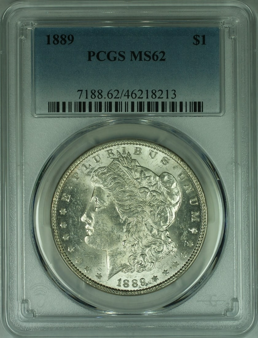 PCGS MS62 1889 Morgan Dollar Silver Coin Philadelphia Mint: PCGS MS62 1889 Morgan Dollar Silver Coin Philadelphia Mint This is an 1889 Morgan Silver Dollar coin from the United States, certified by PCGS with a grade of MS-62. The coin is composed of silver wit