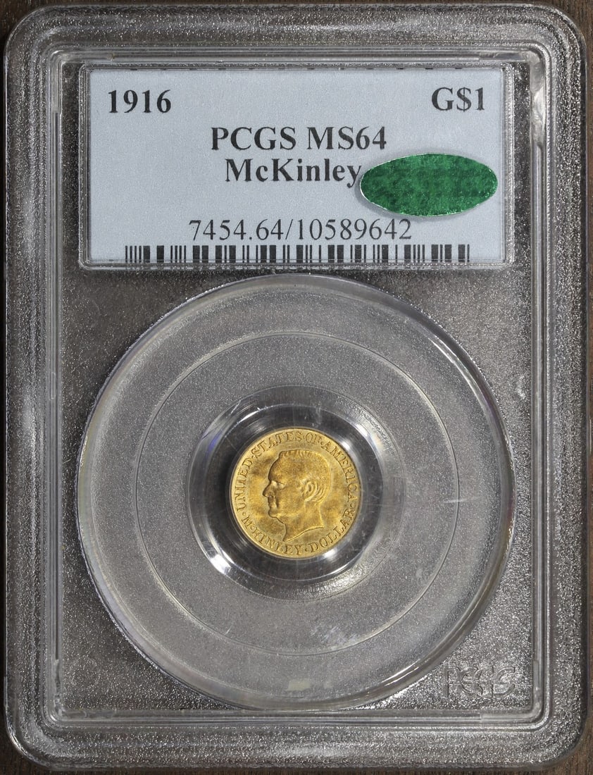 1916 PCGS CAC MS64 McKinley $1 Gold Commemorative Coin: 1916 PCGS CAC MS64 McKinley $1 Gold Commemorative Coin This is a 1916 McKinley Commemorative Gold Dollar, certified by PCGS and CAC with an MS64 grade. The coin is uncirculated and was minted in Phila