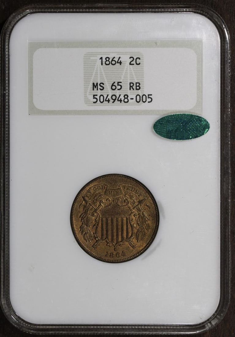 NGC MS65RB CAC 1864 Philadelphia Two Cent Copper Coin: NGC MS65RB CAC 1864 Philadelphia Two Cent Copper Coin This 1864 Two Cent Piece is graded MS65RB by NGC and features CAC approval, confirming its quality. Struck in copper at the Philadelphia Mint, thi