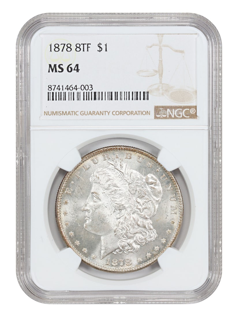 NGC MS64 1878 Morgan Dollar 8 Tailfeather Variety $1 Coin: NGC MS64 1878 Morgan Dollar 8 Tailfeather Variety $1 Coin This is a 1878 Morgan Dollar featuring the prominent 8th tailfeather variety on the reverse, marking it as the first year of issue for this ic