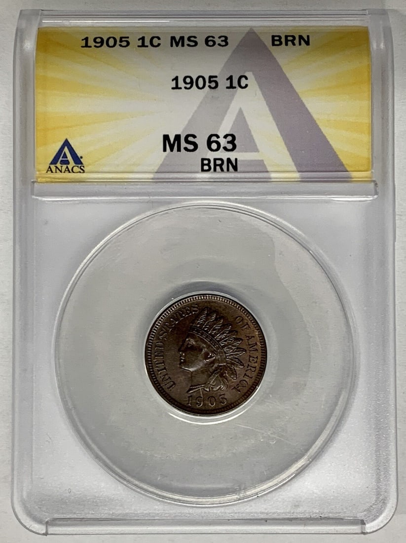 ANACS MS 63 BN 1905 Indian Head Small Cent Uncirculated Coin: ANACS MS 63 BN 1905 Indian Head Small Cent Uncirculated Coin This is a 1905 Indian Head Cent coin from the United States, graded MS 63 BN by ANACS. The coin is uncirculated and features the BN (brown)