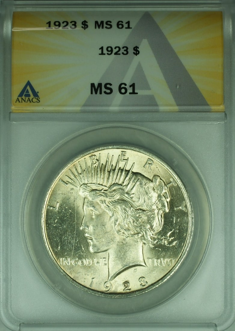 1923 ANACS MS 61 Peace Dollar Silver Coin Philadelphia Mint: 1923 ANACS MS 61 Peace Dollar Silver Coin Philadelphia Mint This 1923 Peace Silver Dollar is certified by ANACS with a grade of MS 61 and was minted in Philadelphia. The coin is uncirculated and compo