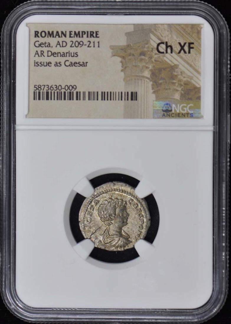 Roman Empire AR Denarius AD 209-211 NGC XF40 Certified Coin: Roman Empire AR Denarius AD 209-211 NGC XF40 Certified Coin This Ancient Roman AR Denarius, dating to AD 209-211, showcases the craftsmanship of the Roman Empire. Graded XF40 by NGC, this coin exhibit
