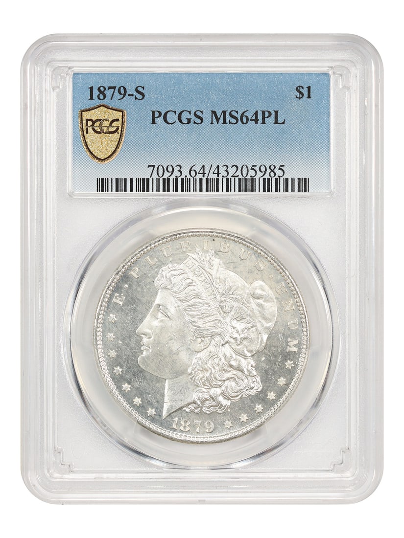 PCGS MS64PL 1879 San Francisco Morgan Silver Dollar: PCGS MS64PL 1879 San Francisco Morgan Silver Dollar This is an 1879-S Morgan Dollar graded MS64PL by PCGS. The coin is uncirculated and features a prooflike strike. Minted in San Francisco, it is part