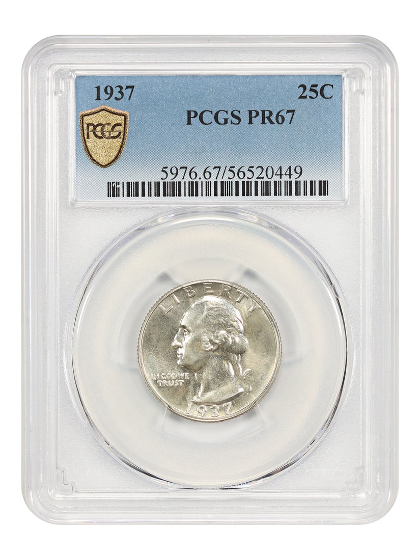 1937 Proof Washington Quarter PCGS PR67 Philadelphia Mint: 1937 Proof Washington Quarter PCGS PR67 Philadelphia Mint This is a 1937 Washington Quarter, struck as a proof issue at the Philadelphia Mint. Graded PR67 by PCGS, this uncirculated coin is notable fo