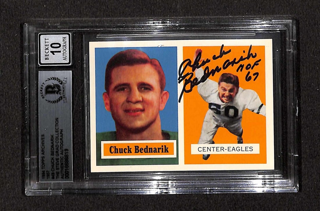 Chuck Bednarik Signed 1994 Topps Archives 1957 Card Auto Grade 10 Beckett: Chuck Bednarik Signed 1994 Topps Archives 1957 Card Auto Grade 10 Beckett This is an autographed 1994 Topps Archives 1957 #43 sports trading card featuring the legendary Chuck Bednarik, a member of th