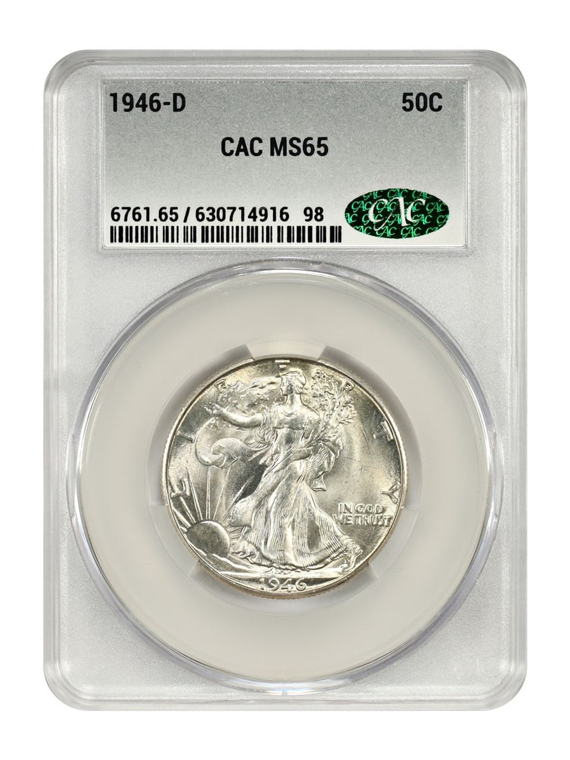 CACG MS65 Denver Mint 1946 Walking Liberty 50C Half Dollar: CACG MS65 Denver Mint 1946 Walking Liberty 50C Half Dollar This is a 1946-D Walking Liberty Half Dollar graded MS65 by CACG. The coin is uncirculated and was minted in Denver. It belongs to the Walkin