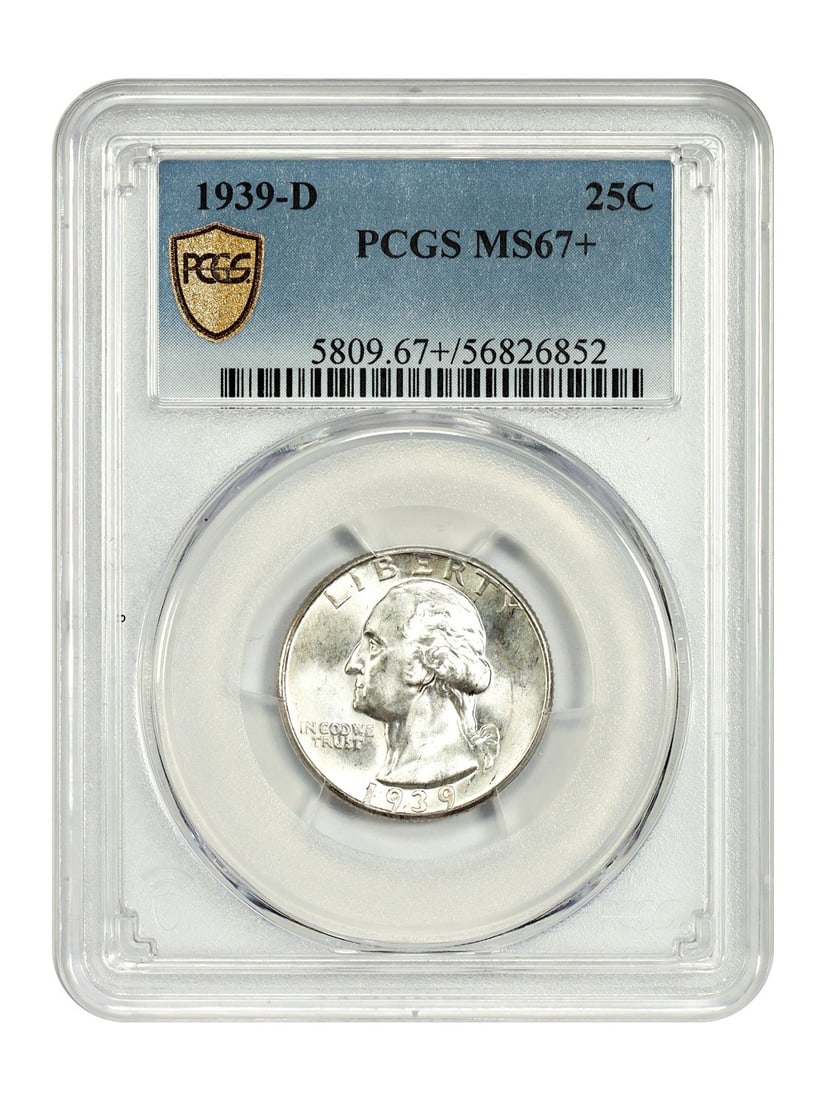 PCGS MS67 Plus 1939-D Washington Quarter Uncirculated 25C: PCGS MS67 Plus 1939-D Washington Quarter Uncirculated 25C This 1939-D Washington Quarter is certified by PCGS with a grade of MS67+, indicating it is uncirculated and in exceptional condition. Struck