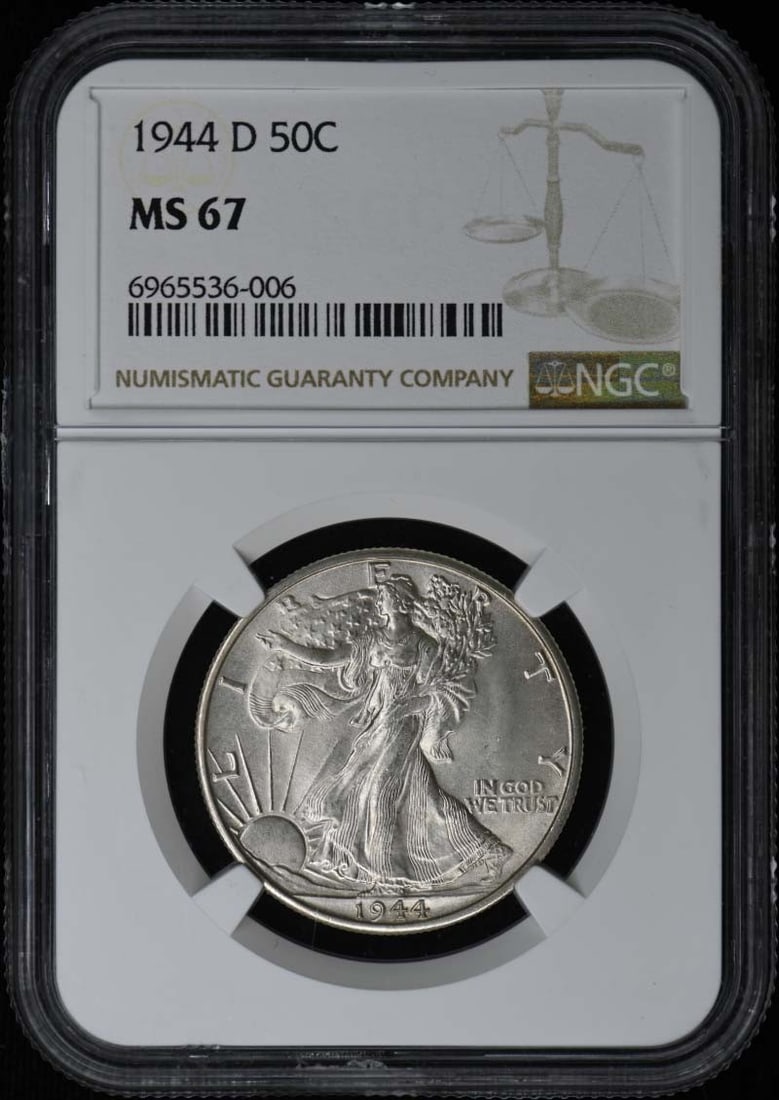 NGC MS67 1944 Denver Walking Liberty Half Dollar: NGC MS67 1944 Denver Walking Liberty Half Dollar This is a 1944-D Walking Liberty Half Dollar graded MS67 by NGC. The coin is uncirculated, minted in Denver, and features the classic Walking Liberty d