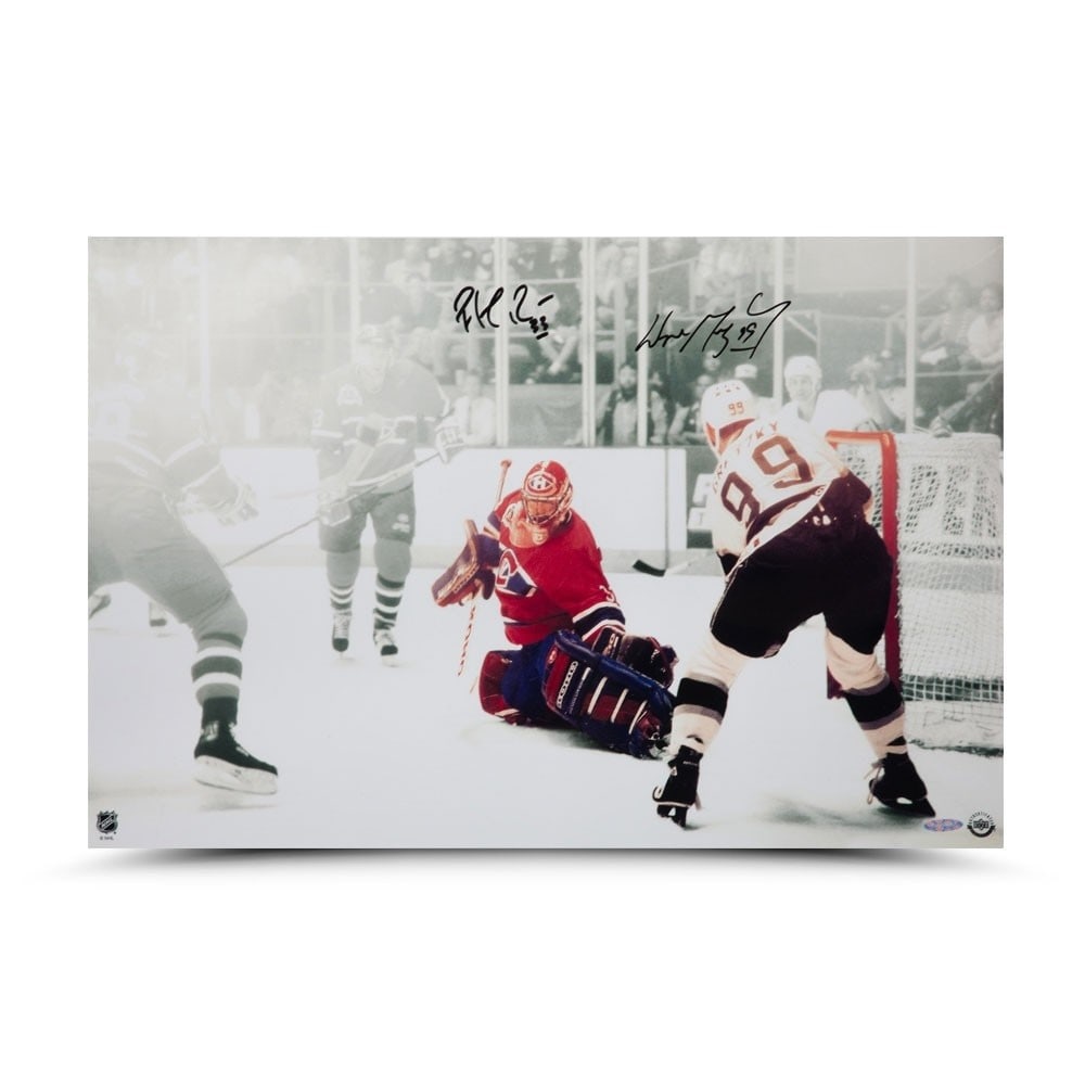 Wayne Gretzky Patrick Roy Signed 16x24 Photo 1993 Stanley Cup Upper Deck Authenticated: Wayne Gretzky Patrick Roy Signed 16x24 Photo 1993 Stanley Cup Upper Deck Authenticated Celebrate two hockey legends with this autographed 16X24 photo featuring Wayne Gretzky and Patrick Roy from the i