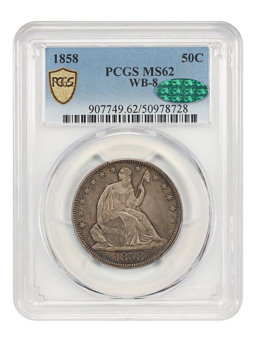 PCGS CAC MS62 1858 Liberty Seated Half Dollar WB-8 Philadelphia: PCGS CAC MS62 1858 Liberty Seated Half Dollar WB-8 Philadelphia This 1858 Liberty Seated Half Dollar is certified by PCGS with a CAC sticker and graded MS62. It is the only known example of the WB-8 v