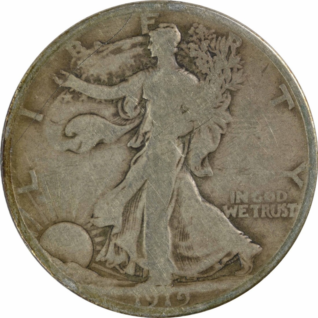 1919-D Walking Liberty Silver Half Dollar VG 90% Silver Coin: 1919-D Walking Liberty Silver Half Dollar VG 90% Silver Coin This 1919-D Walking Liberty Silver Half Dollar is a remarkable piece of American numismatic history. Featuring the iconic Liberty Walking d