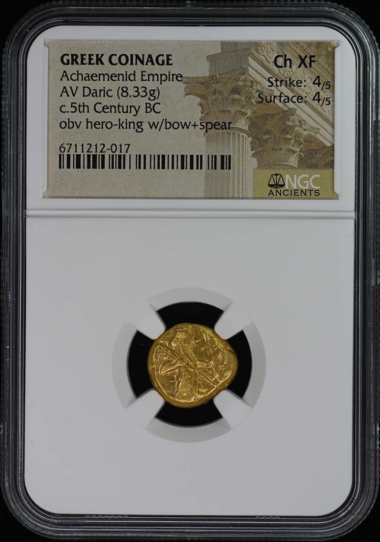 NGC Graded Ch XF Achaemenid Empire Daric Coin from Greece: NGC Graded Ch XF Achaemenid Empire Daric Coin from Greece This Achaemenid Empire Greek Daric coin has been certified by NGC with a grade of Choice Extremely Fine (Ch XF). The coin features a strike ra