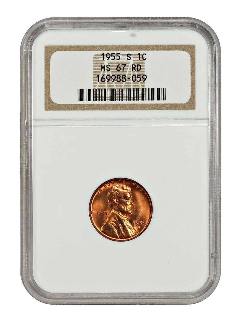 NGC MS67RD 1955-S Lincoln Wheat Cent 1C Uncirculated: NGC MS67RD 1955-S Lincoln Wheat Cent 1C Uncirculated This is a 1955-S Lincoln Cent featuring the Wheat Reverse design. Graded MS67RD by NGC, this uncirculated coin was minted in San Francisco and is p