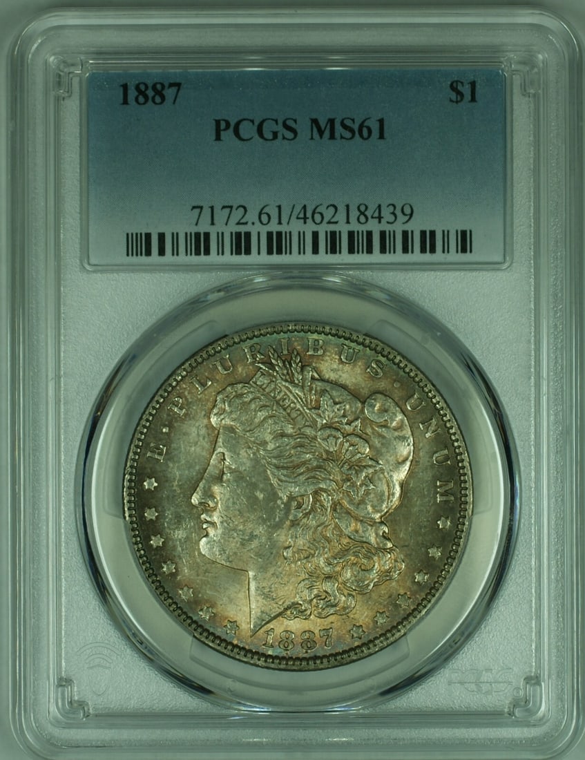 PCGS MS-61 1887 Morgan Dollar with Toning Silver Philadelphia Mint: PCGS MS-61 1887 Morgan Dollar with Toning Silver Philadelphia Mint This 1887 Morgan Silver Dollar was minted in Philadelphia and is certified by PCGS with a grade of MS-61. Composed of 90% silver, thi