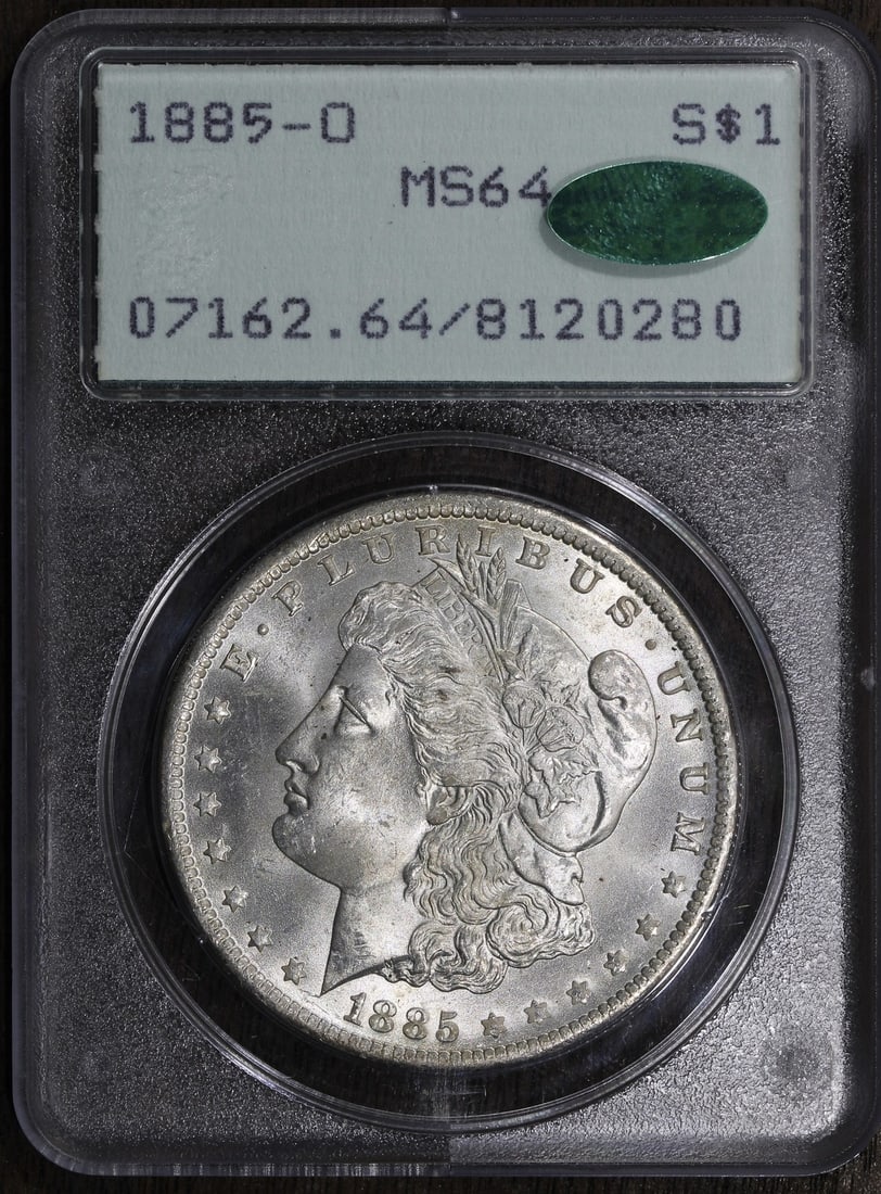 PCGS CAC MS64 1885-O Morgan Dollar Silver Coin New Orleans Mint: PCGS CAC MS64 1885-O Morgan Dollar Silver Coin New Orleans Mint This is an 1885-O Morgan Silver Dollar with a denomination of $1, minted in New Orleans. The coin is composed of silver with a fineness