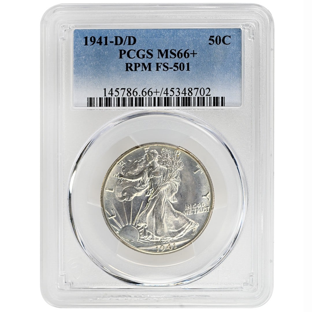 PCGS MS66 Plus 1941-D Over D Walking Liberty Silver Half Dollar: PCGS MS66 Plus 1941-D Over D Walking Liberty Silver Half Dollar This is a 1941-D/D Walking Liberty Half Dollar, certified by PCGS with a grade of MS66+. The coin features the rare RPM FS-501 variety a