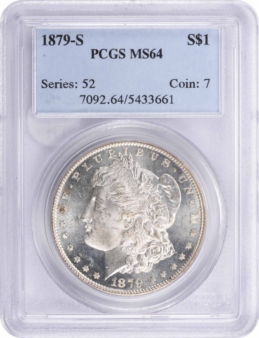 1879-S Morgan Silver Dollar MS64 PCGS Uncirculated Coin: 1879-S Morgan Silver Dollar MS64 PCGS Uncirculated Coin This 1879-S Morgan Silver Dollar is a stunning piece, certified by PCGS at a grade of MS64, representing an excellent example of this historic c