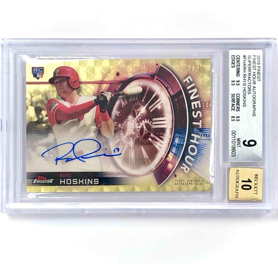 2018 Topps Finest Rhys Hoskins Superfractor 1/1 Autographed Baseball Card BGS 10: 2018 Topps Finest Rhys Hoskins Superfractor 1/1 Autographed Baseball Card BGS 10 This is a remarkable 2018 Topps Finest rookie card featuring an autograph from Rhys Hoskins, a promising player for the