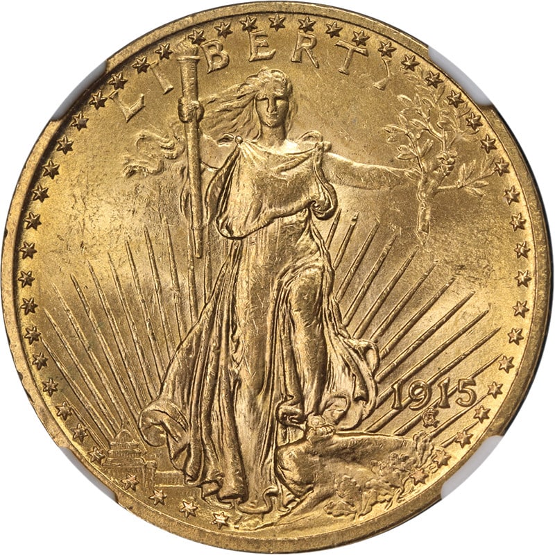 NGC MS63 1915 Philadelphia Saint-Gaudens $20 Gold Double Eagle Coin: NGC MS63 1915 Philadelphia Saint-Gaudens $20 Gold Double Eagle Coin This 1915-P Saint-Gaudens Gold $20 coin is certified by NGC with a grade of MS63, reflecting its uncirculated condition. The coin fe