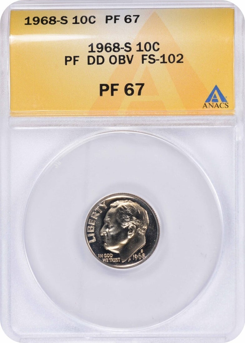 1968-S Roosevelt Dime DDO PR67 Proof Certified ANACS: 1968-S Roosevelt Dime DDO PR67 Proof Certified ANACS This 1968-S Roosevelt Dime features a stunning Proof finish, certified by ANACS with a grade of PR67. Struck at the San Francisco Mint, this uncirc