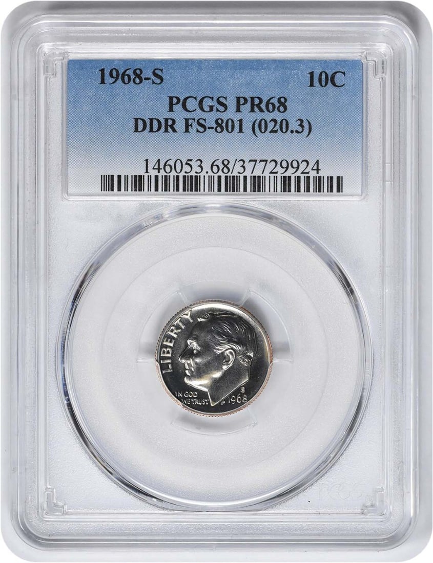 1968-S Roosevelt Dime PR68 PCGS Uncirculated Proof Coin: 1968-S Roosevelt Dime PR68 PCGS Uncirculated Proof Coin This 1968-S Roosevelt Dime is a stunning example of numismatic artistry, featuring a high-quality Proof strike. Graded PR68 by PCGS, this uncirc