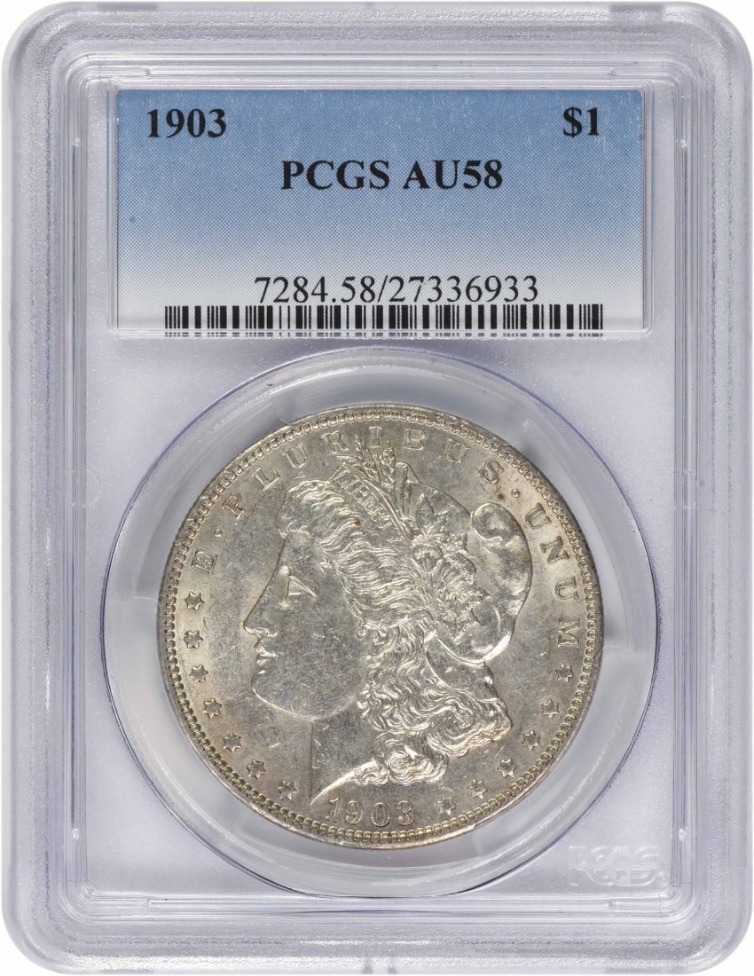PCGS AU58 1903 Philadelphia Morgan Dollar 90 Percent Silver Coin: PCGS AU58 1903 Philadelphia Morgan Dollar 90 Percent Silver Coin This 1903 Morgan Silver Dollar features the iconic design by George T. Morgan and was minted in Philadelphia with no mint mark. Graded
