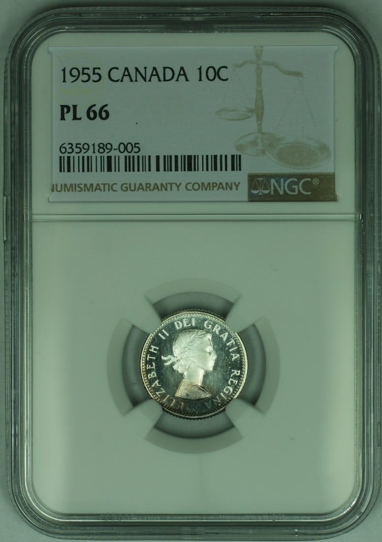 NGC PL-66 Certified 1955 Canadian 10C Uncirculated Coin With Light Toning: NGC PL-66 Certified 1955 Canadian 10C Uncirculated Coin With Light Toning This is a 1955 Canada 10 cent coin graded PL-66 by NGC. The coin is proof-like with light toning and has a fineness of 0.8. It