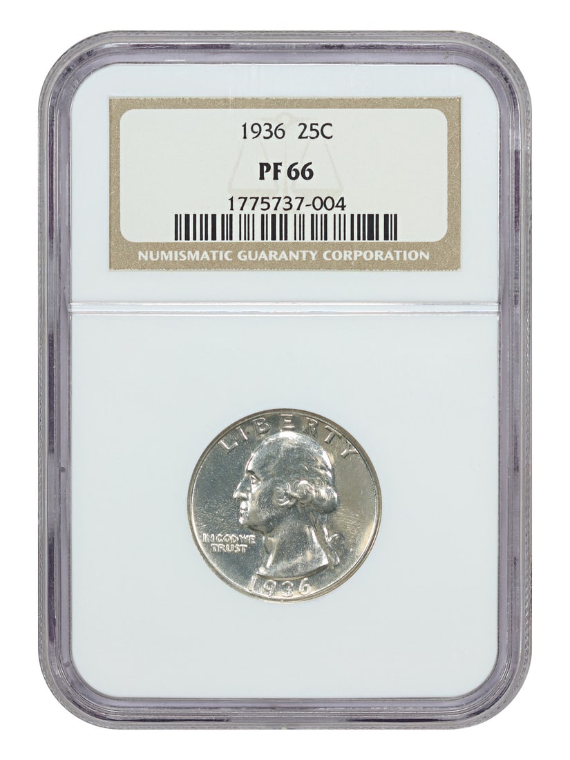 1936 Washington Quarter NGC Proof 66 First Year Key Issue: 1936 Washington Quarter NGC Proof 66 First Year Key Issue This 1936 Washington Quarter is a key first-year proof coin, certified by NGC with a grade of PR66. With a limited mintage of only 3,837, it i