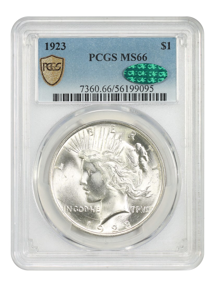 1923 Peace Dollar Uncirculated MS66 CAC Certified: 1923 Peace Dollar Uncirculated MS66 CAC Certified This 1923 Peace Dollar is graded MS66 by PCGS and also certified by CAC. Struck in Philadelphia, this uncirculated silver dollar is part of the Peace