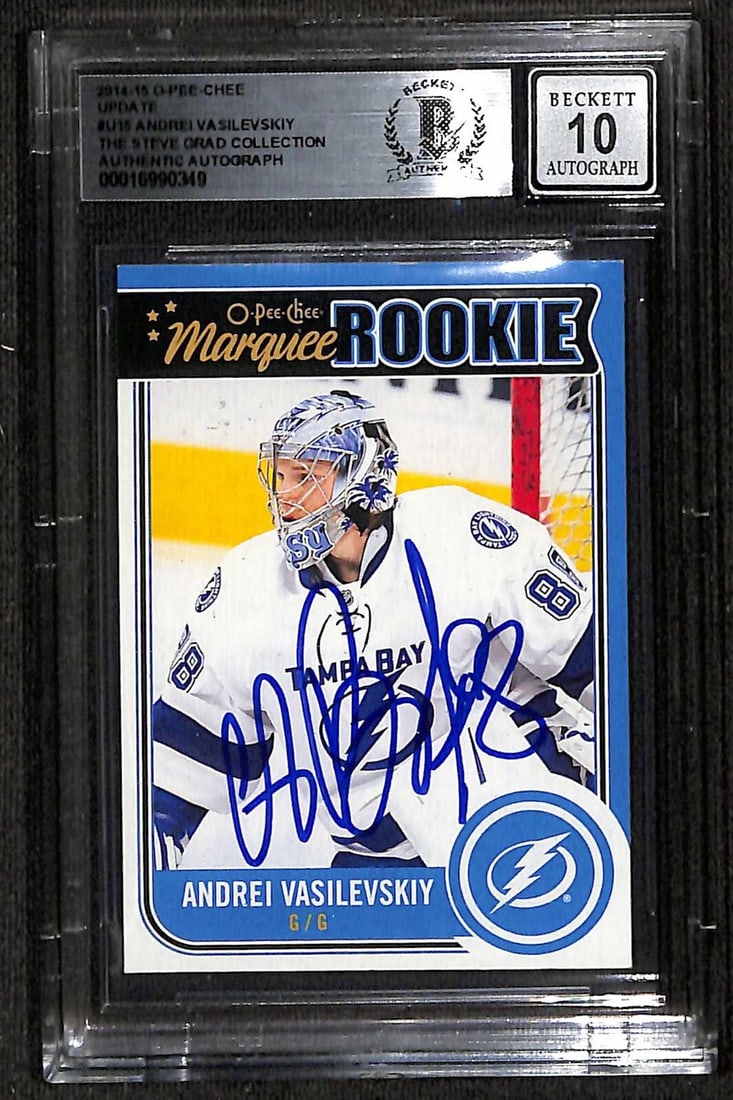 2014 O-Pee-Chee Update Rookie Card Andrei Vasilevskiy Beckett 10 Autograph: 2014 O-Pee-Chee Update Rookie Card Andrei Vasilevskiy Beckett 10 Autograph This is an original 2014/15 O-Pee-Chee Update Rookie Card featuring Andrei Vasilevskiy of the Tampa Bay Lightning. The card i