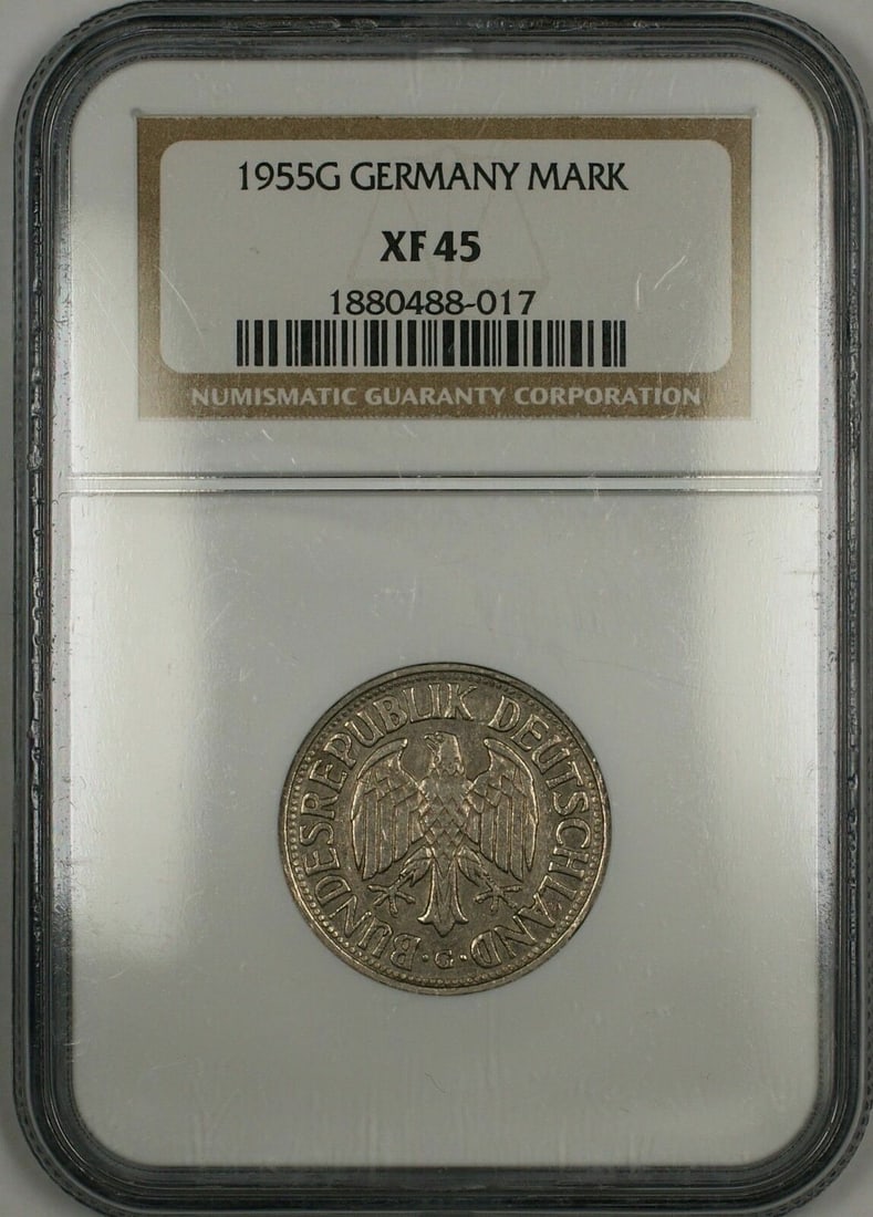 NGC XF-45 Certified 1955-G German 1 Mark Circulated Coin: NGC XF-45 Certified 1955-G German 1 Mark Circulated Coin This is a circulated 1955-G Germany 1 Mark coin, certified by NGC with a grade of XF 45, indicating it is in Extra Fine condition. The coin was